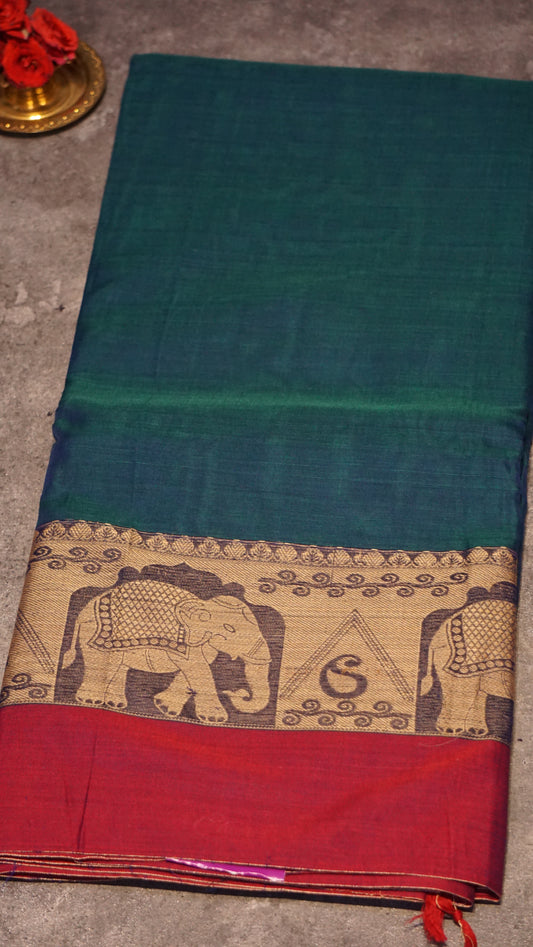 Narayanapet Cotton Saree Elephant Border Peacock Green