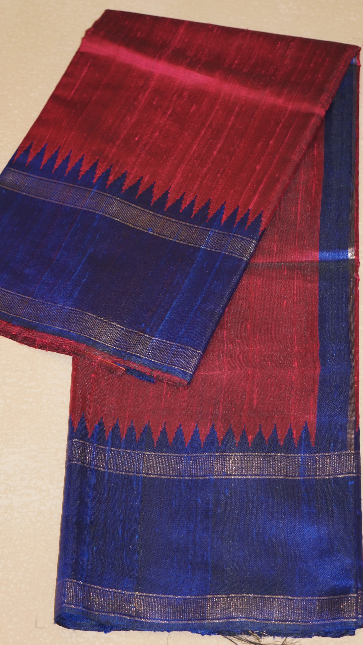 Pure Dupion Silk Saree - Magenta with Navy Blue