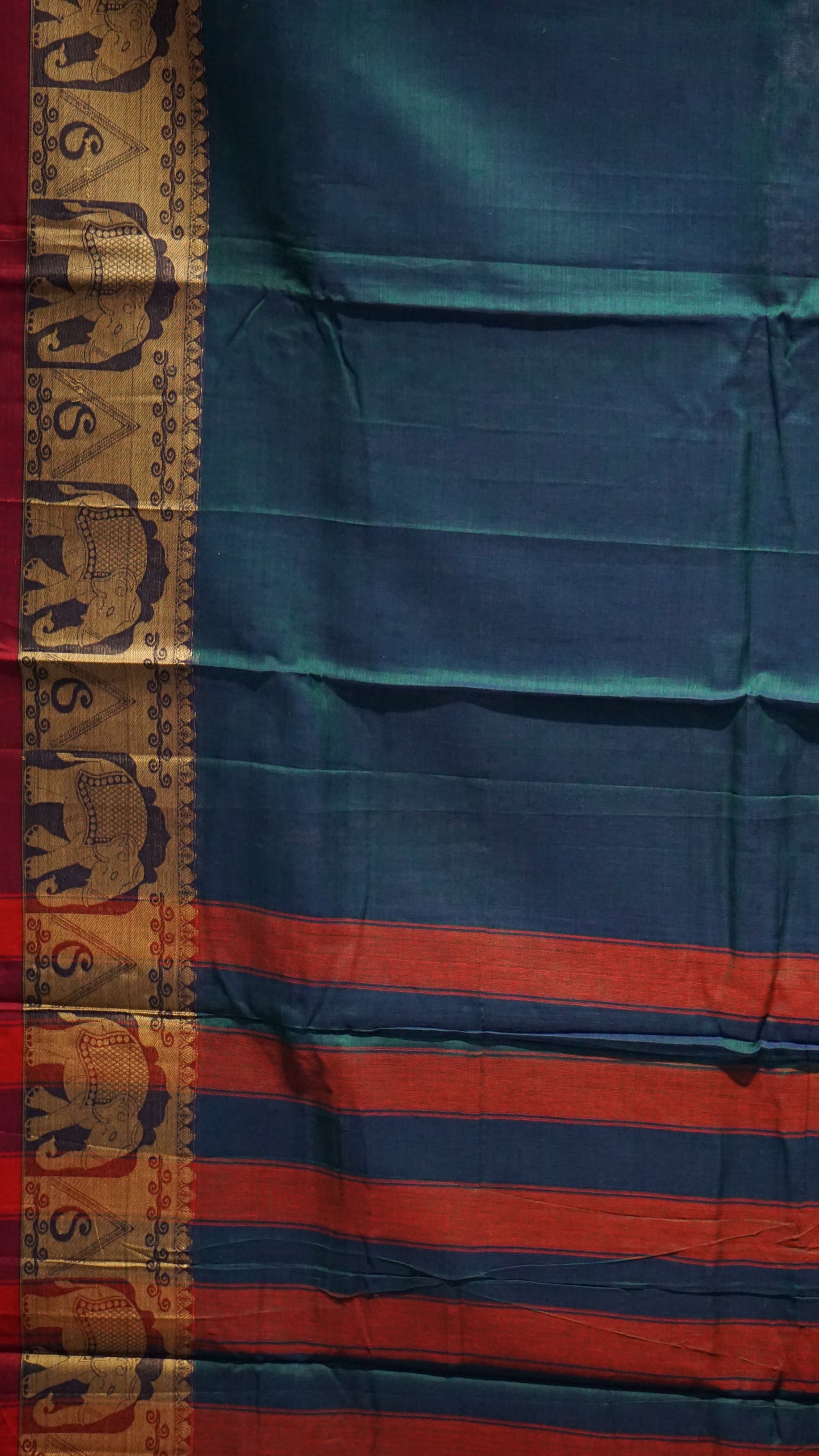 Narayanapet Cotton Saree Elephant Border Peacock Green