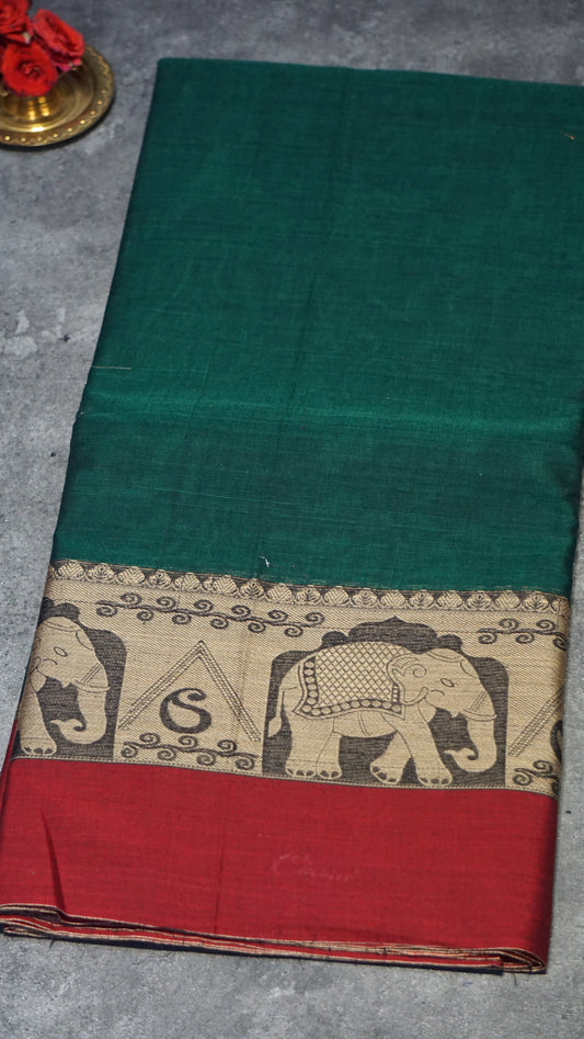 Narayanapet Cotton Saree Elephant Border Green