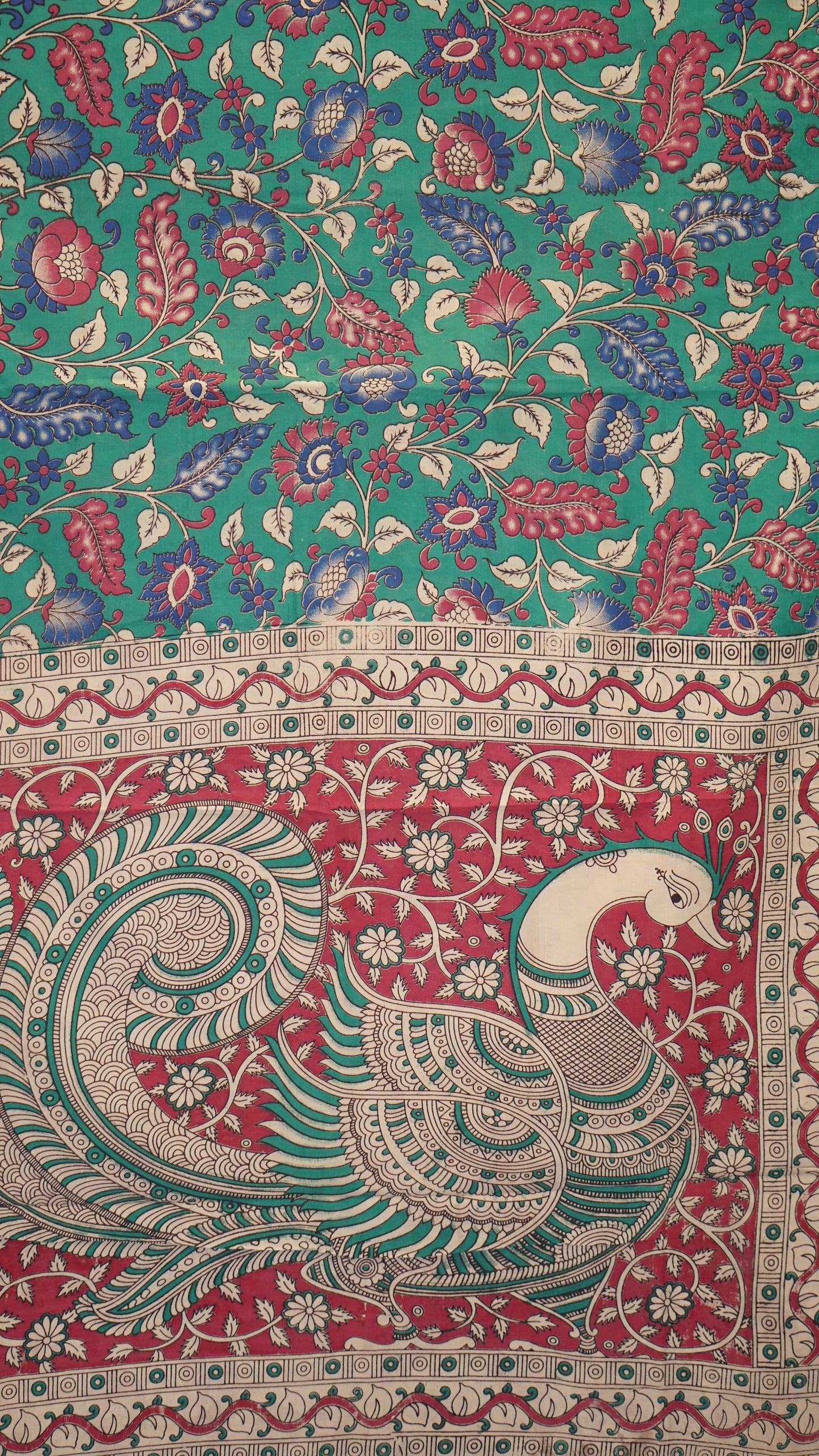 Kalamkari Saree Cotton - Green With Magenta Border