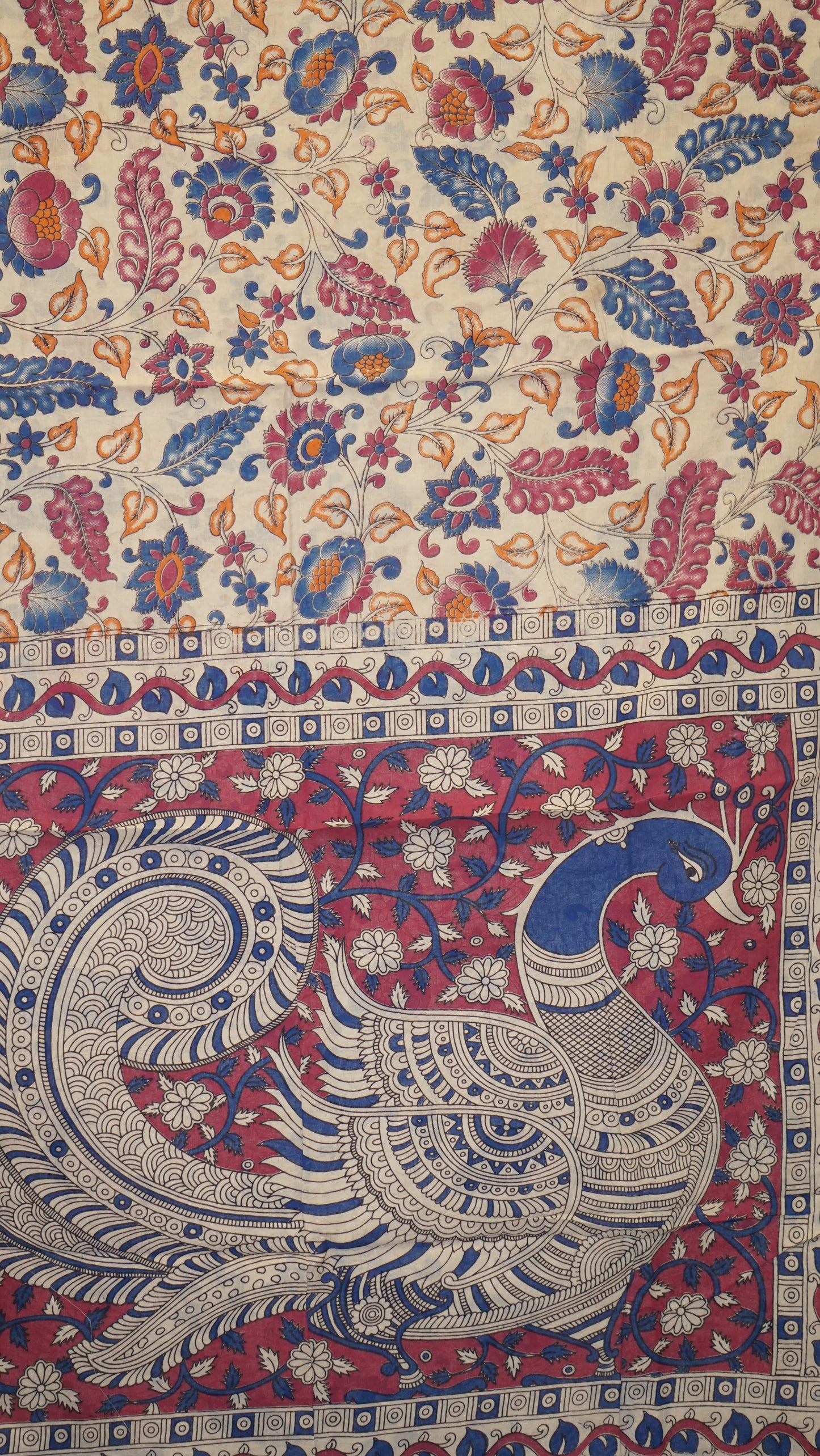 Kalamkari Saree Cotton - Beige With Magenta Border