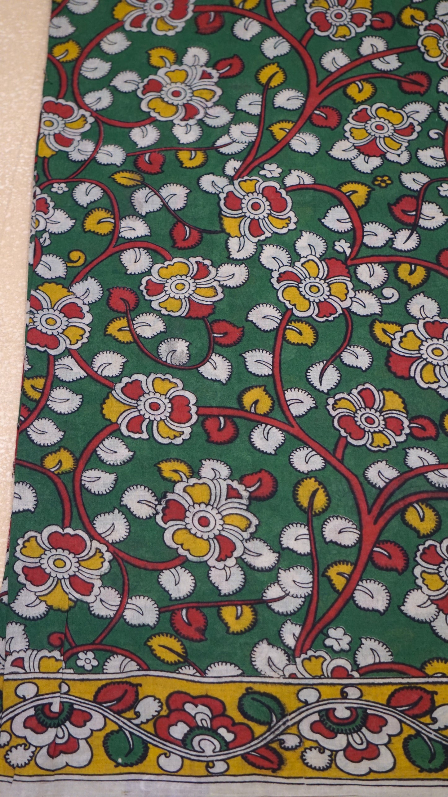 Kalamkari Saree Cotton - Green With Mustard Border