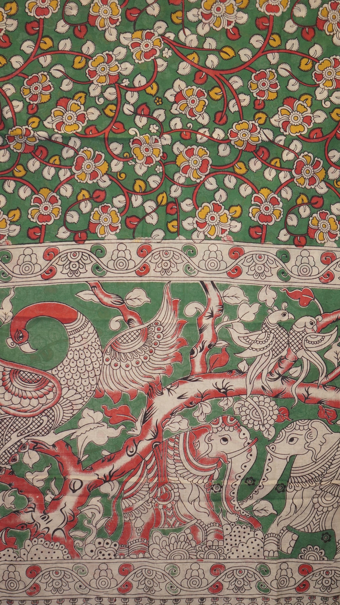 Kalamkari Saree Cotton - Green With Mustard Border