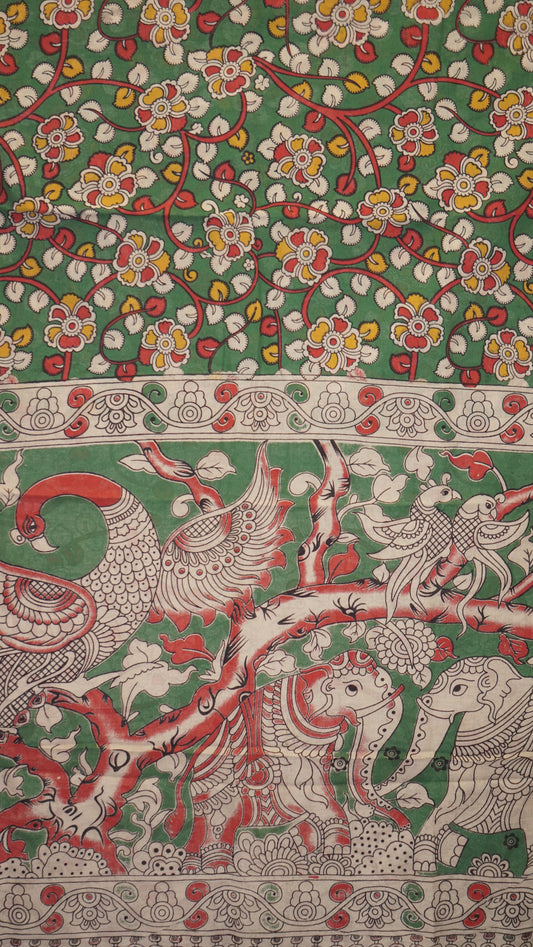 Kalamkari Saree Cotton - Green With Mustard Border