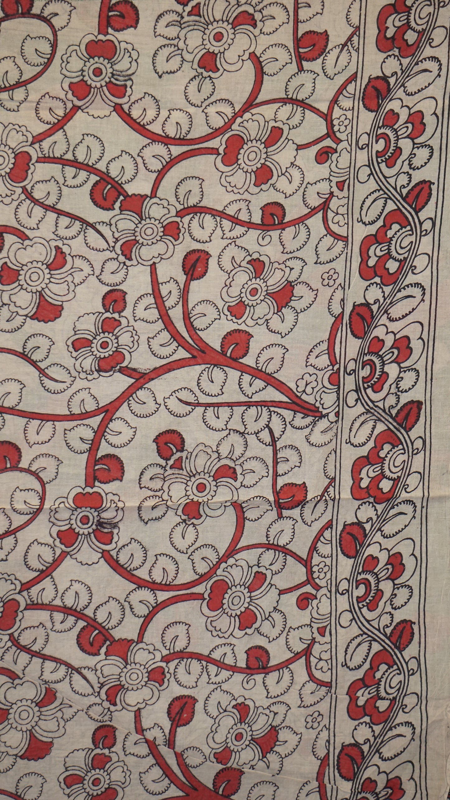 Kalamkari Saree Cotton - Green With Mustard Border