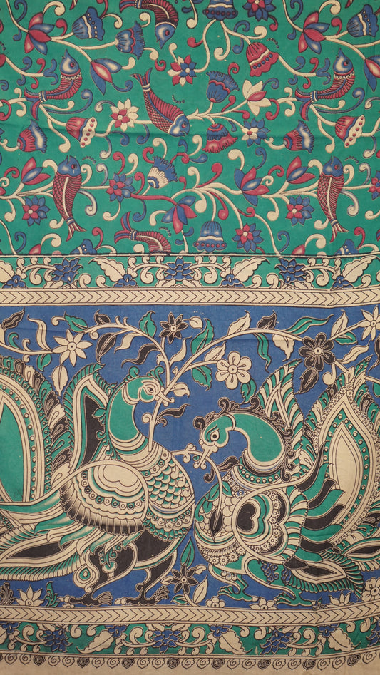 Kalamkari Saree Cotton - Green With Magenta Border