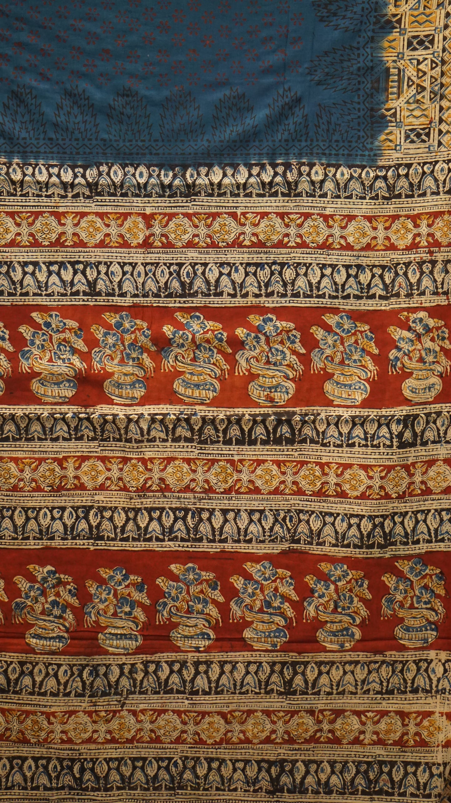 Kalamkari Saree Silk - Navy Blue With Maroon Border