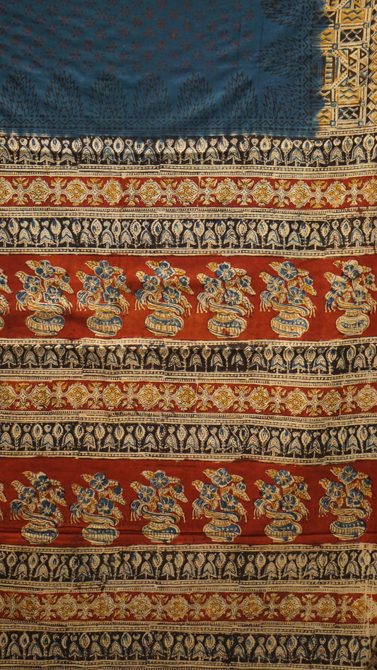 Kalamkari Saree Silk - Navy Blue With Maroon Border