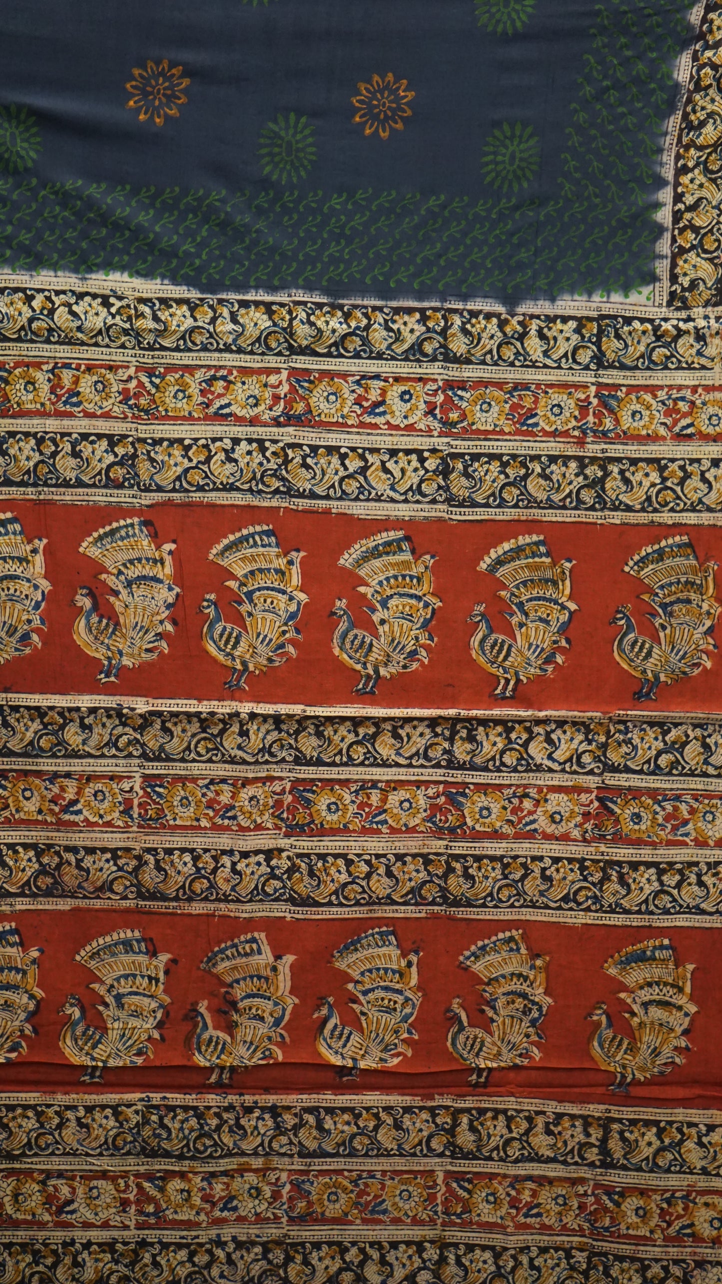 Kalamkari Saree Silk - Navy Blue With Maroon Border