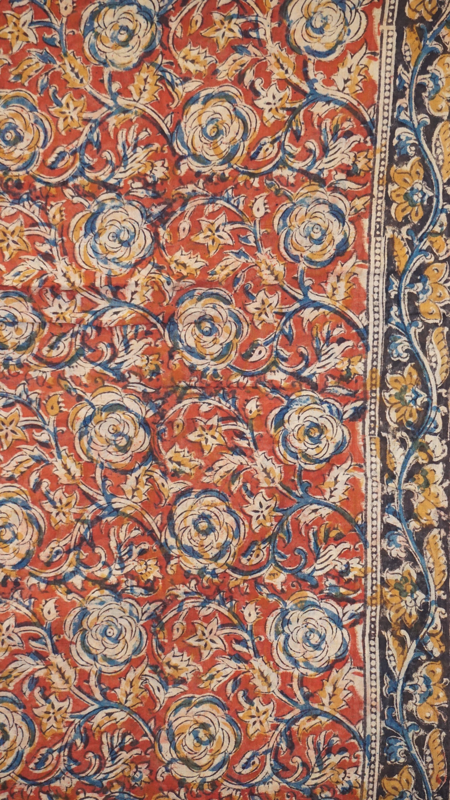 Kalamkari Saree Silk - Navy Blue With Red Border