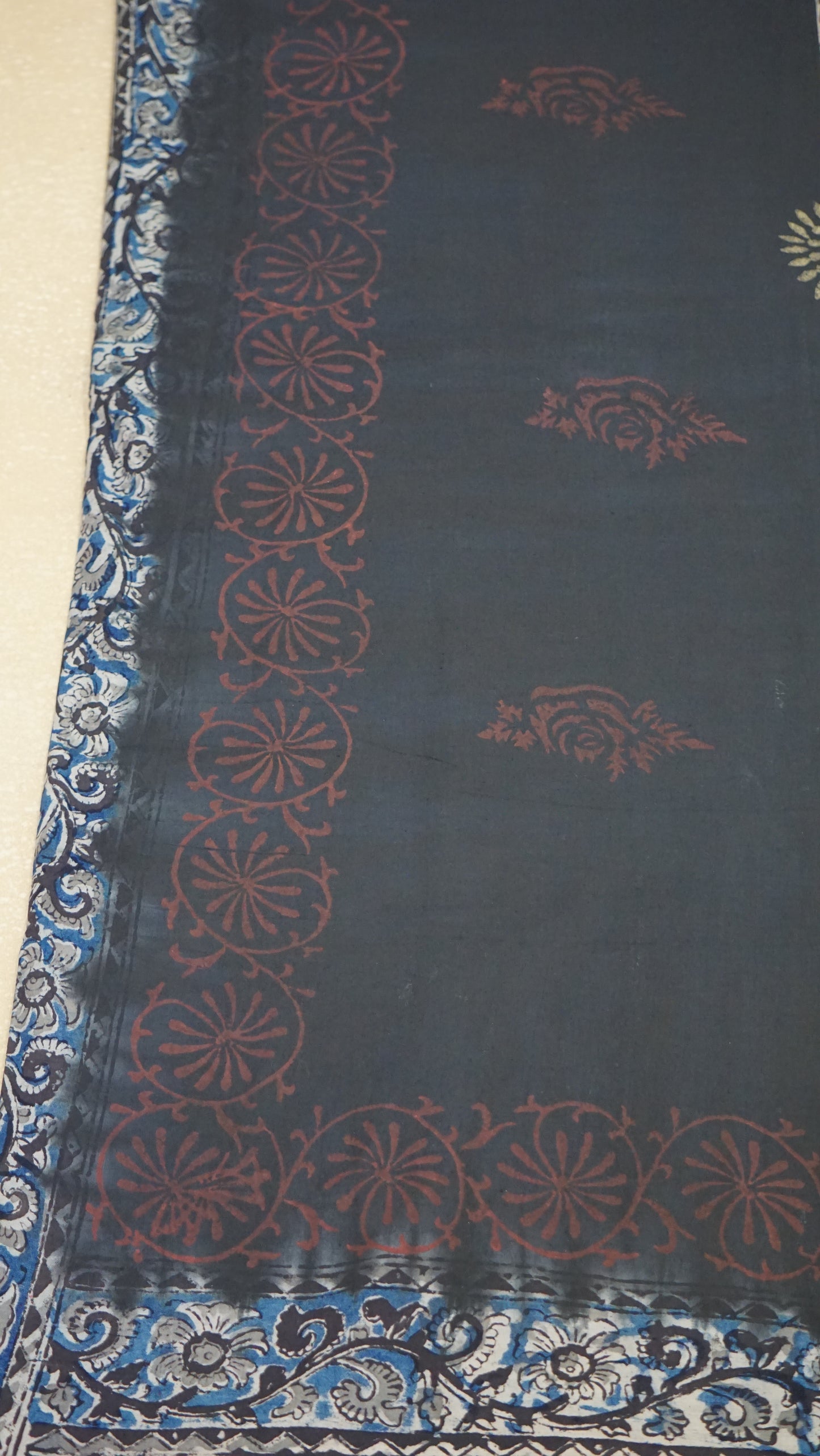Kalamkari Saree Silk - Black With Blue Border