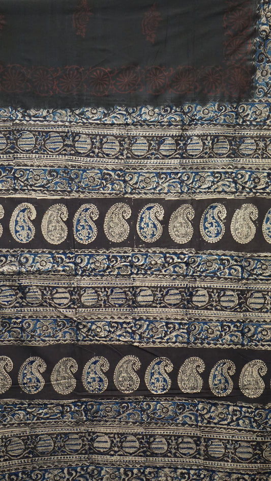 Kalamkari Saree Silk - Black With Blue Border
