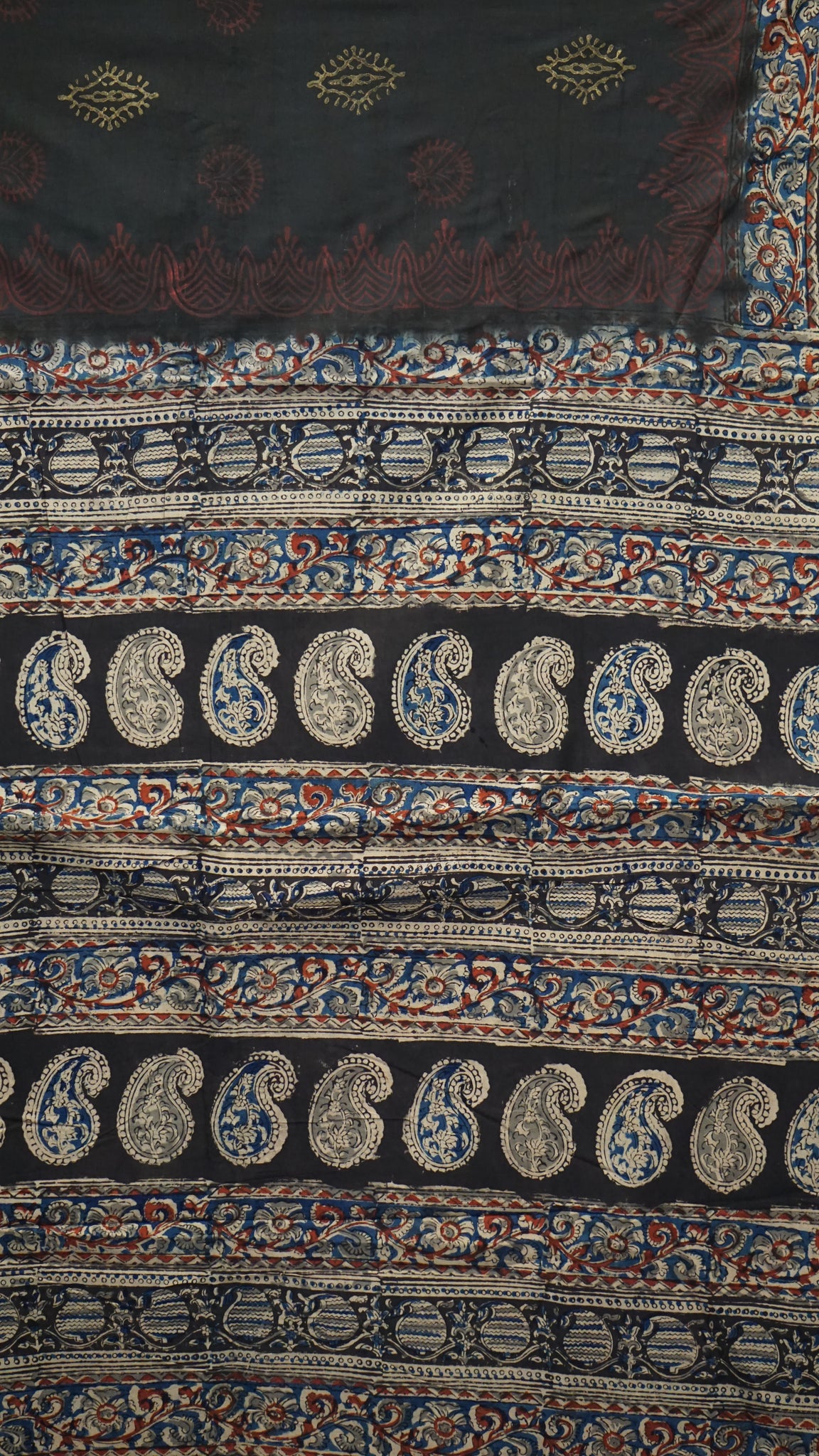 Kalamkari Saree Silk - Black With Blue & Red Floral Border