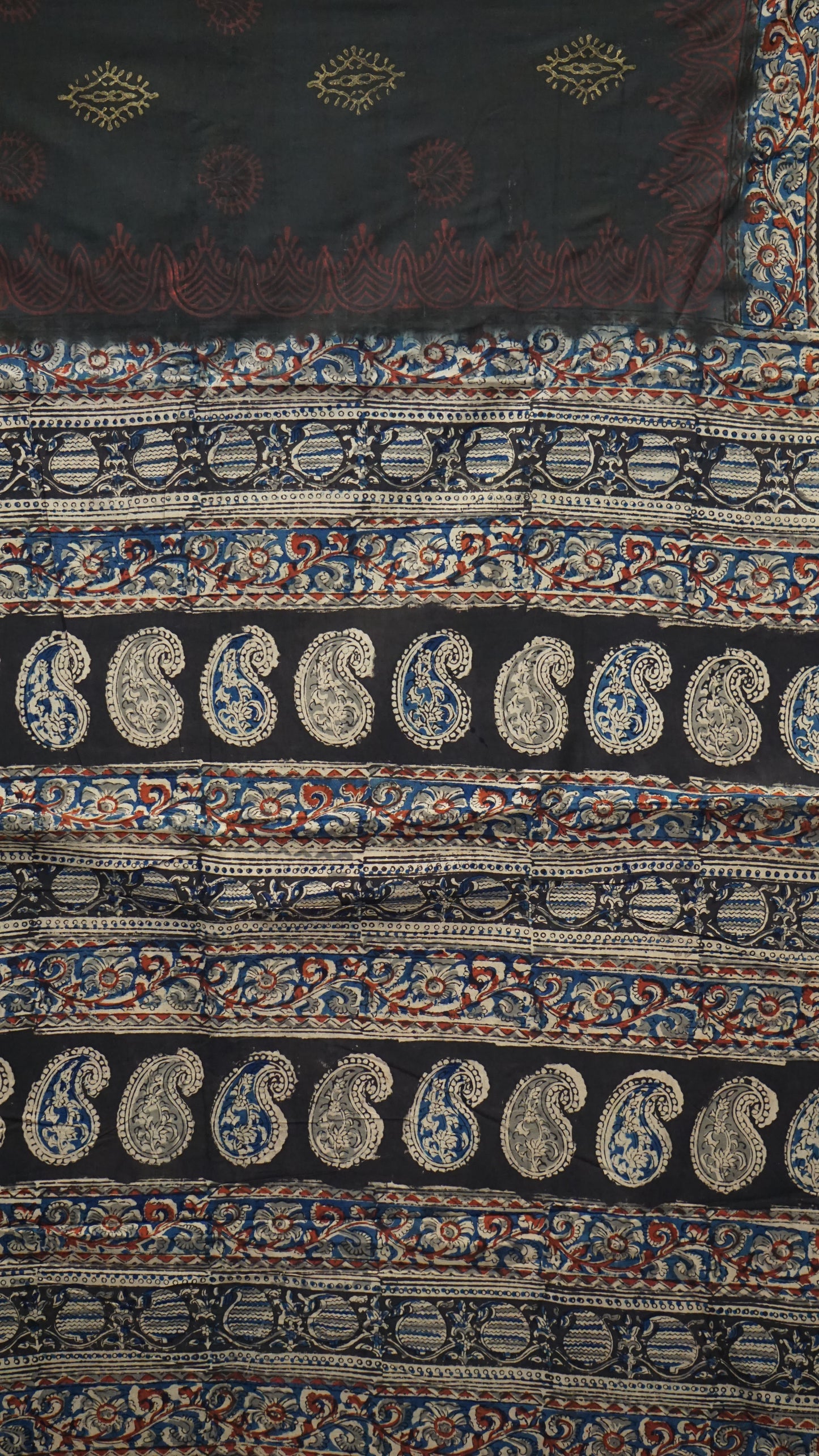 Kalamkari Saree Silk - Black With Blue & Red Floral Border