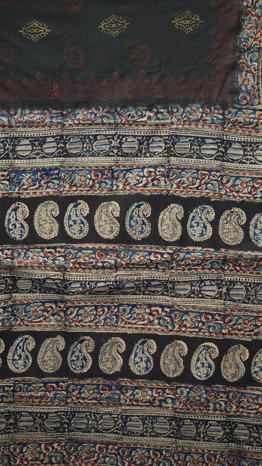 Kalamkari Saree Silk - Black With Blue & Red Floral Border
