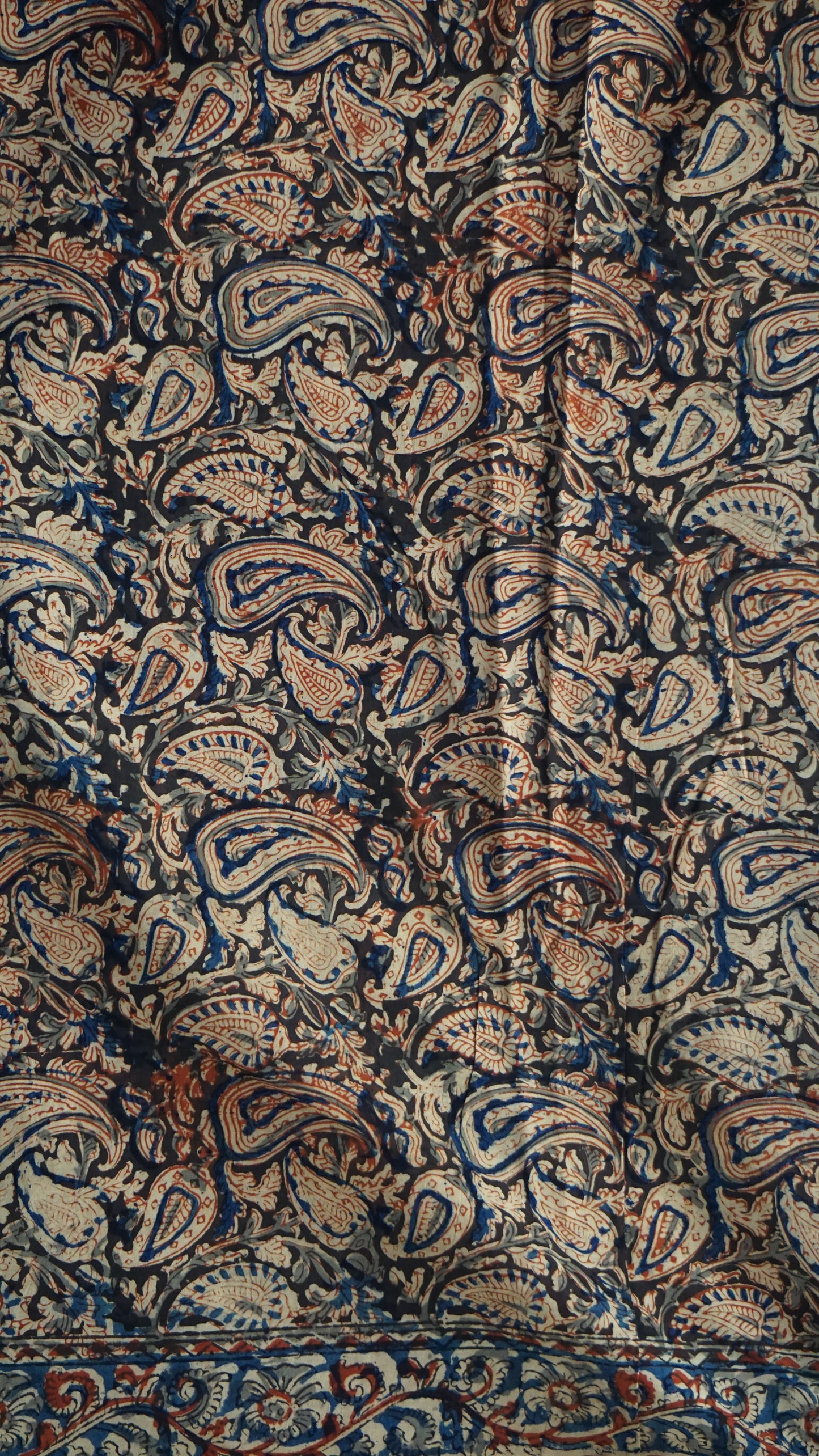 Kalamkari Saree Silk - Black With Blue & Red Floral Border