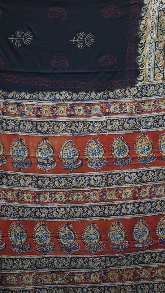 Kalamkari Saree Silk - Black With Maroon Border