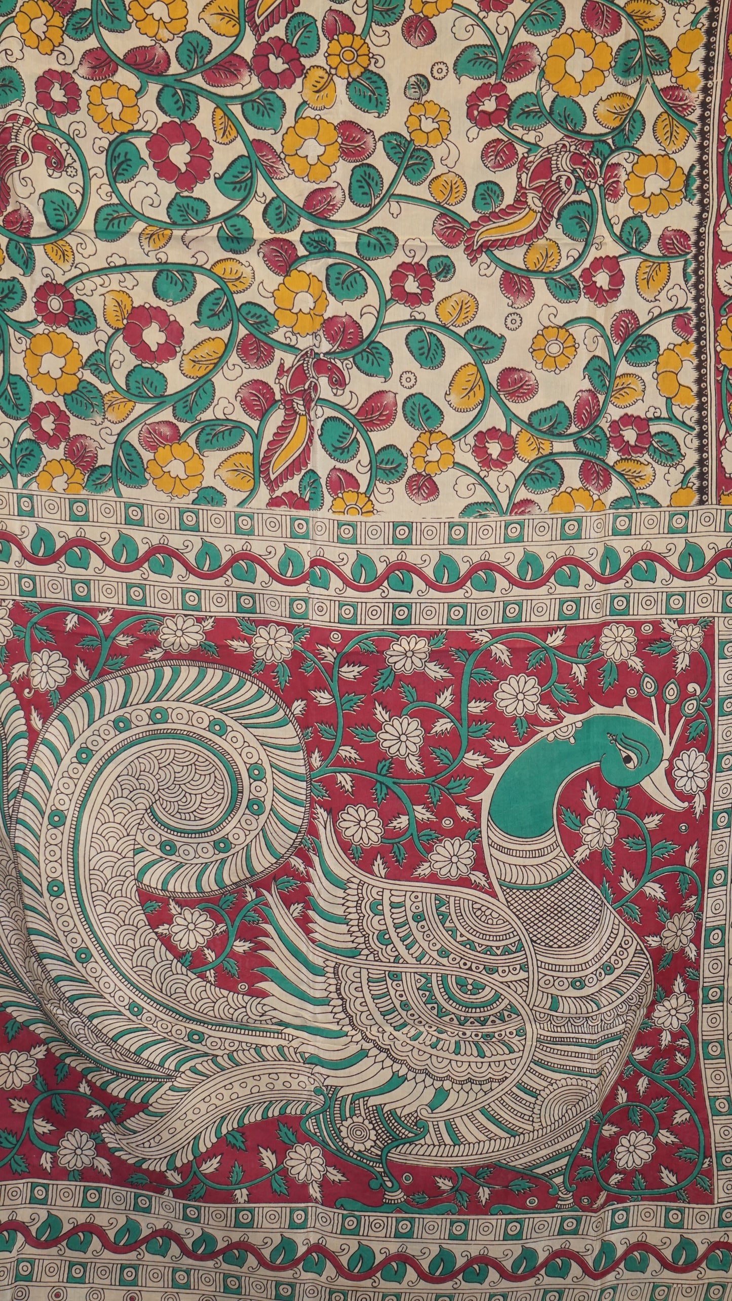Kalamkari Saree Silk - Beige With Magenta Border