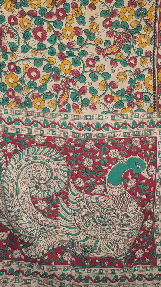 Kalamkari Saree Silk - Beige With Magenta Border