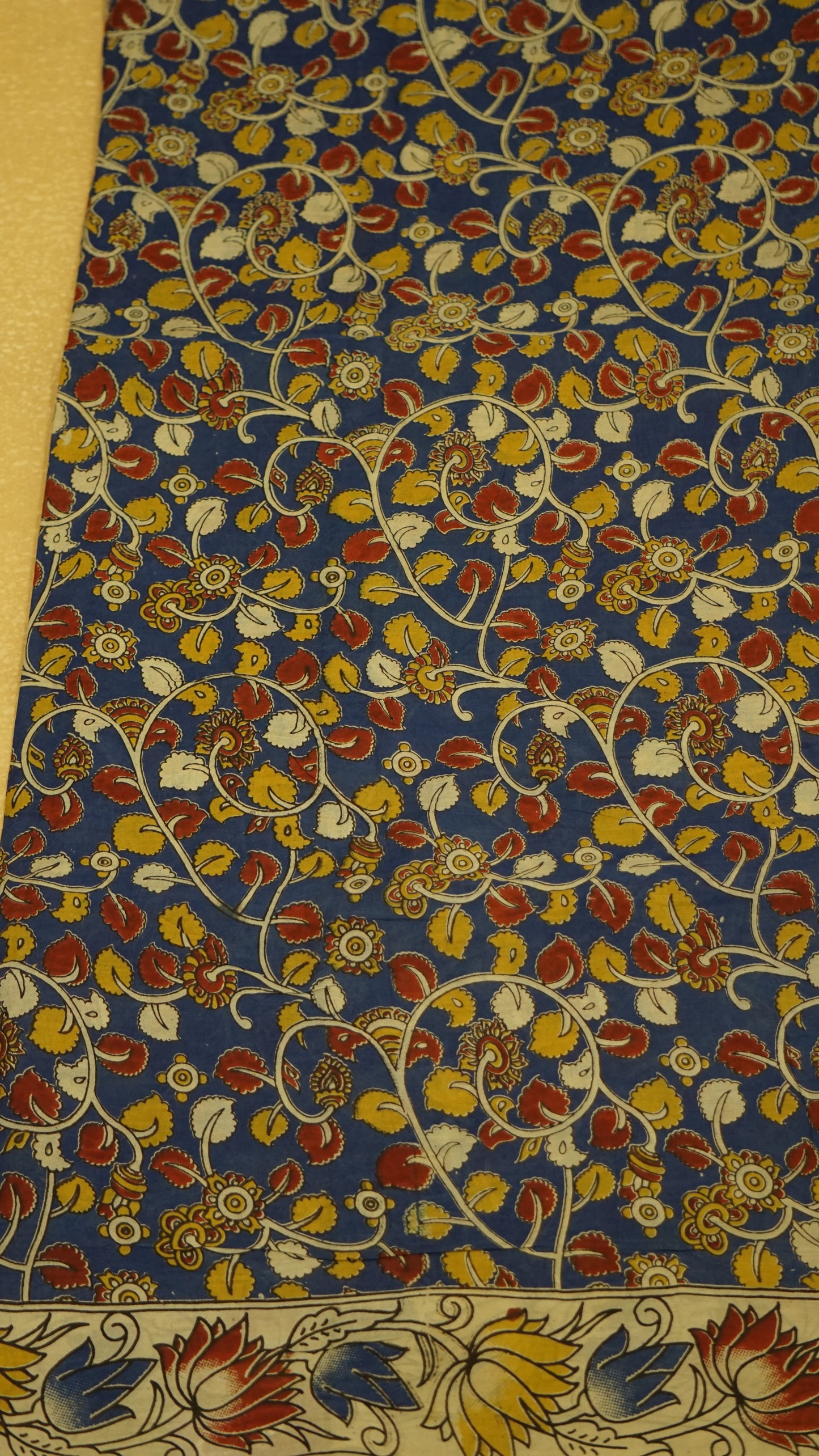 Kalamkari Saree Silk - Blue With Beige Border
