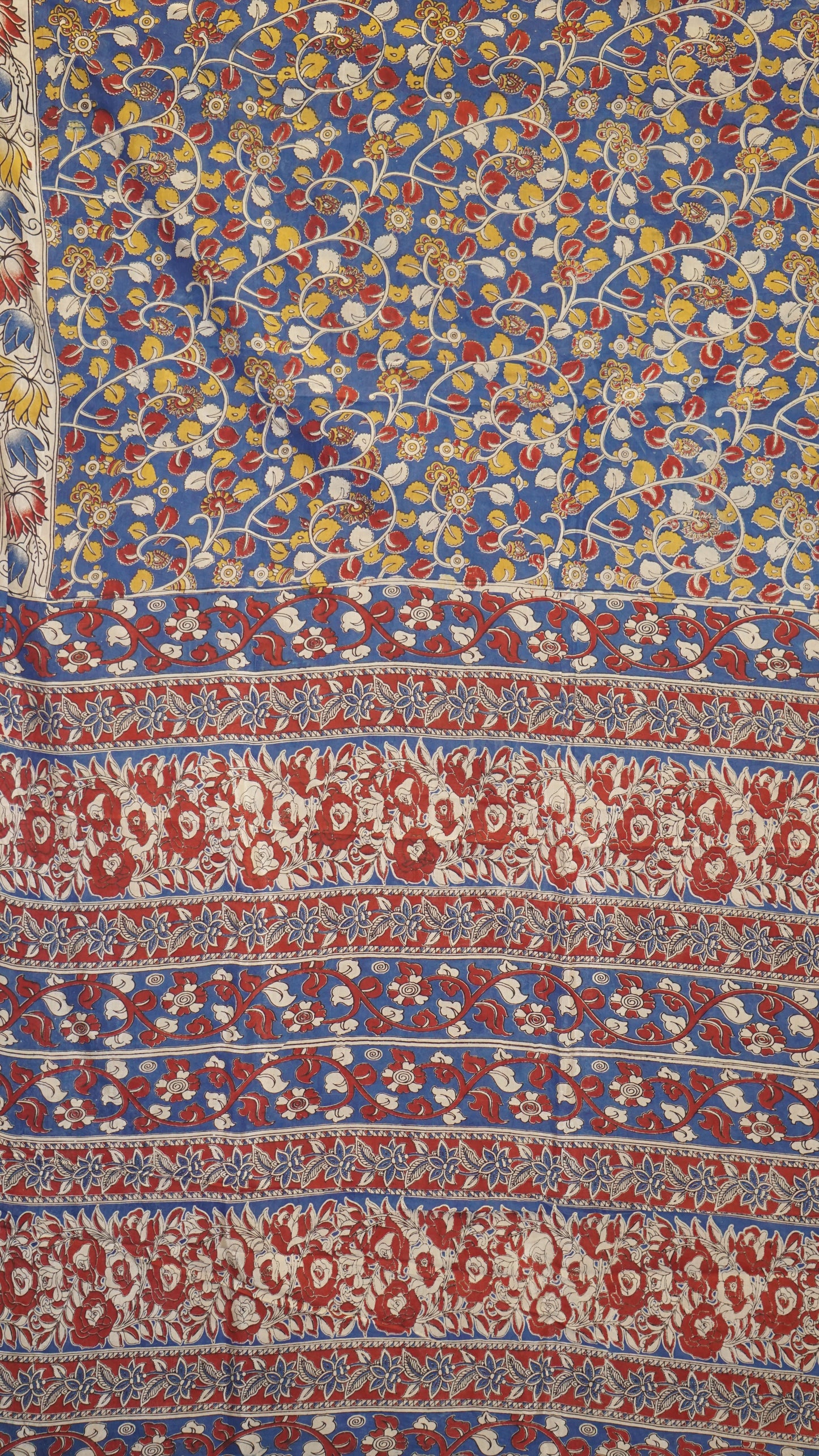 Kalamkari Saree Silk - Blue With Beige Border