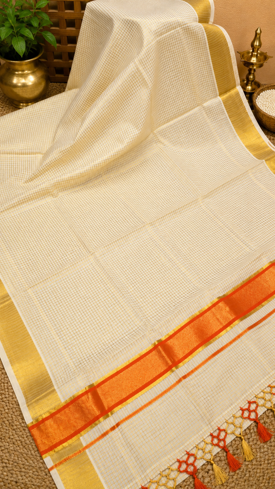Cotton Saree – Off White with Micro Checks and Orange Kasavu Border