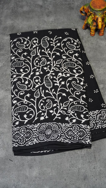 Mul Mul Cotton Saree Black Floral