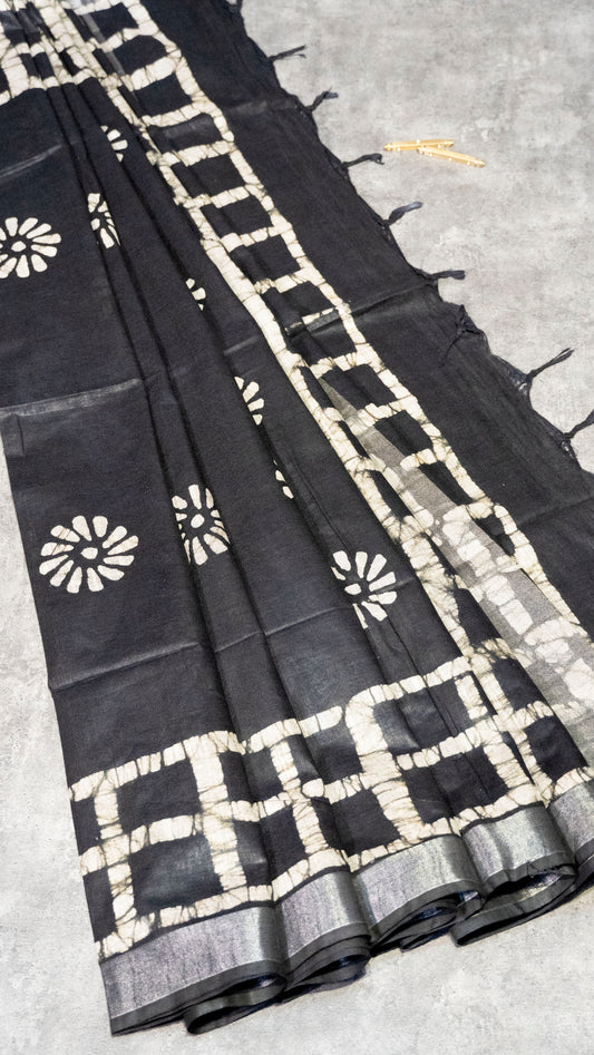 Linen Cotton Batik Print Black With Zari Border