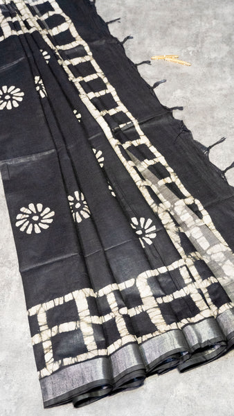 Linen Cotton Batik Print Black With Zari Border