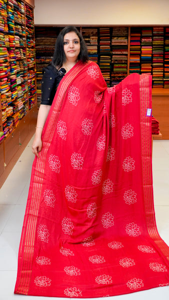 Shiffon Printed Saree Red With Zari Border