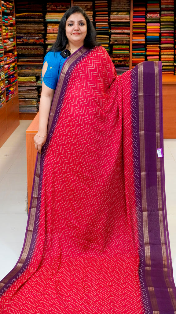 Shiffon Saree Arrow Print With Gap Zari Border Red To Wine