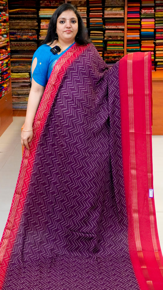 Shiffon Saree Arrow Print With Gap Zari Border Wine To Red