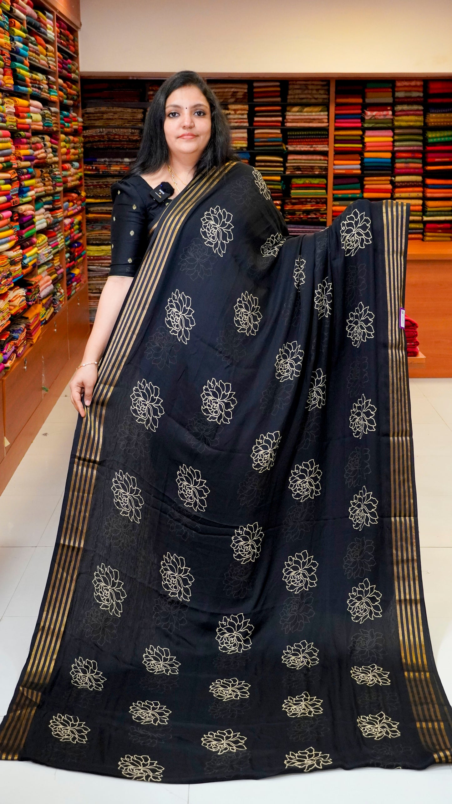 Shiffon Printed Saree Black With Zari Border