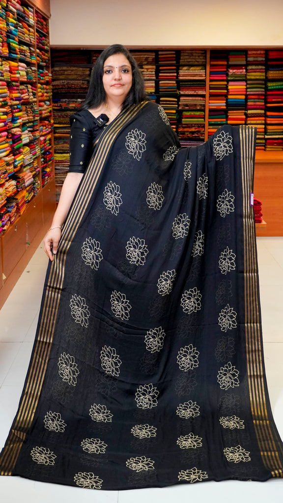 Shiffon Printed Saree Black With Zari Border