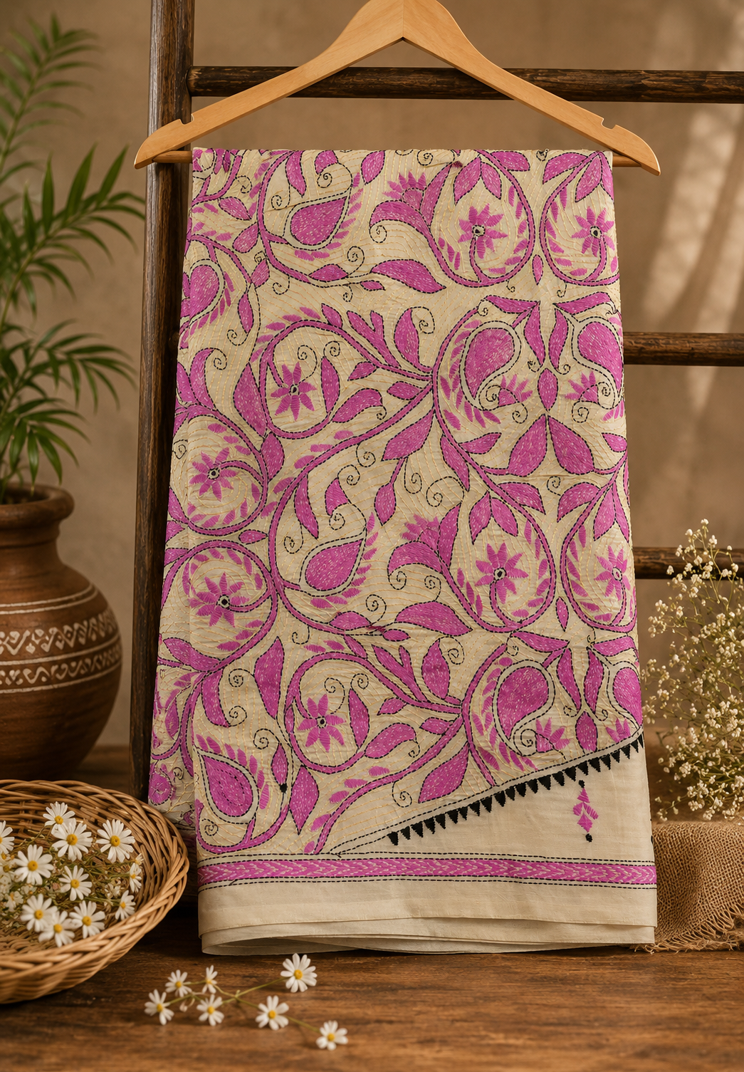 Pure Tussar Saree-Off white Pink with Kantha Work
