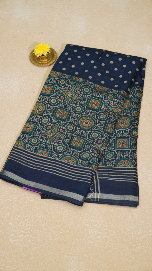Malai Cotton Saree Ajrakh Border - Navy Blue