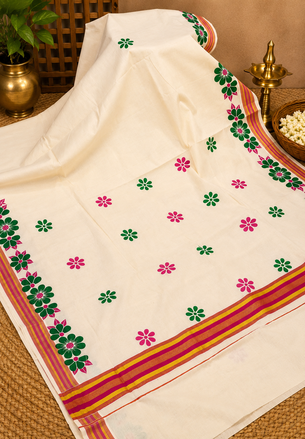 Cotton Saree-Off White with Contrast Gold Striped Border