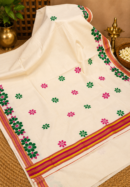 Cotton Saree-Off White with Contrast Gold Striped Border