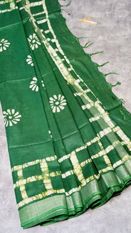 Linen Cotton Batik Print Green With Zari Border