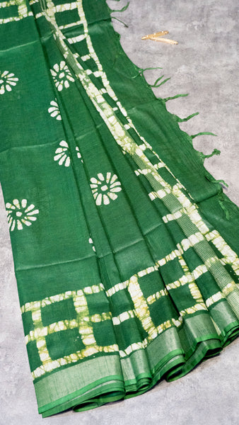 Linen Cotton Batik Print Green With Zari Border