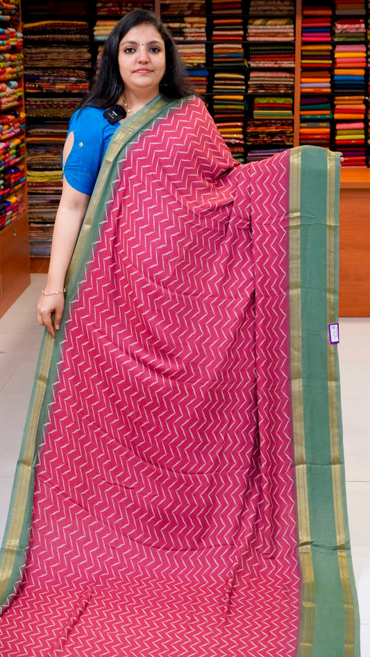 Shiffon Saree Arrow Print With Gap Zari Border Pink to Green