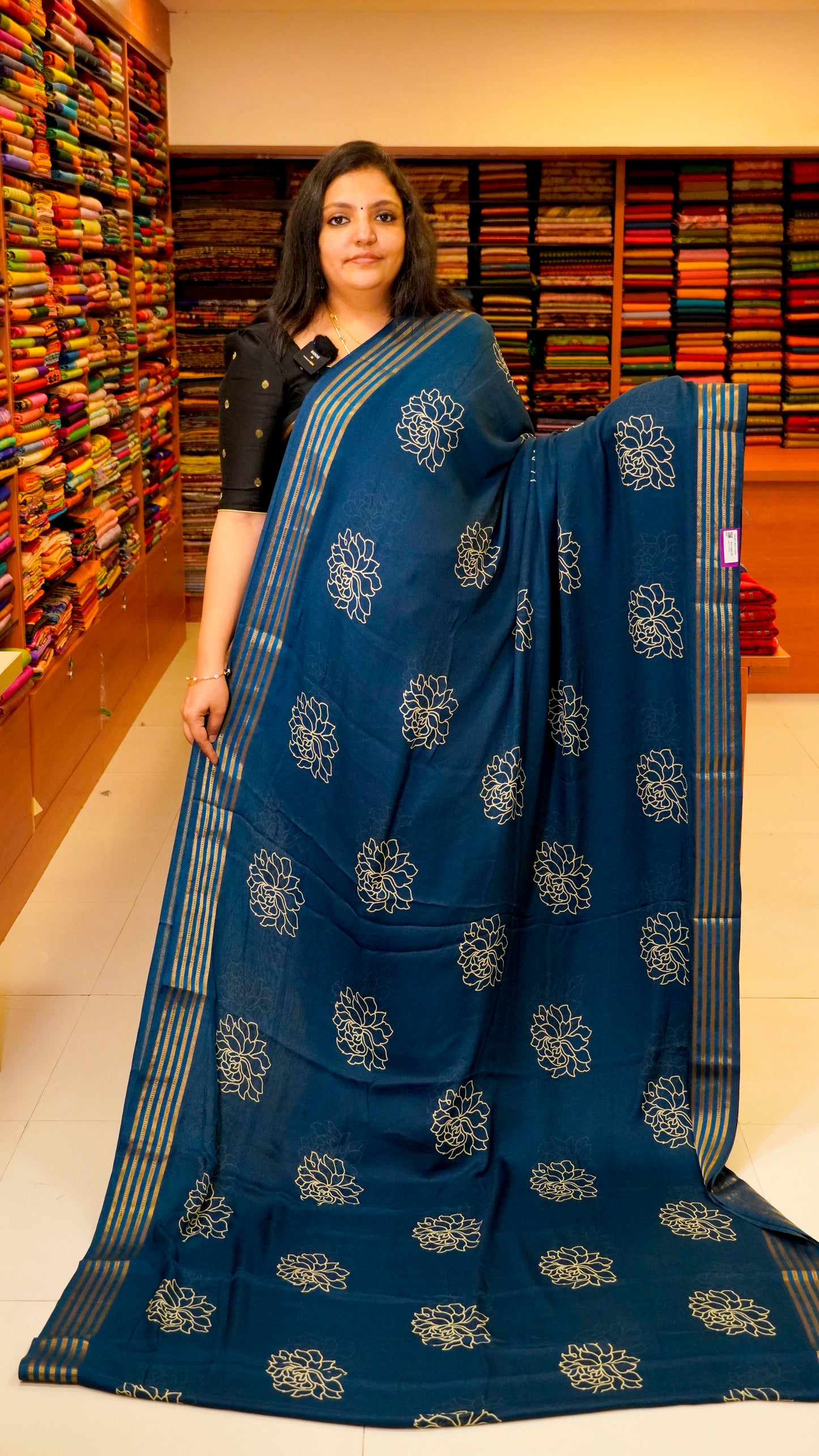 Shiffon Printed Saree Blue With Zari Border