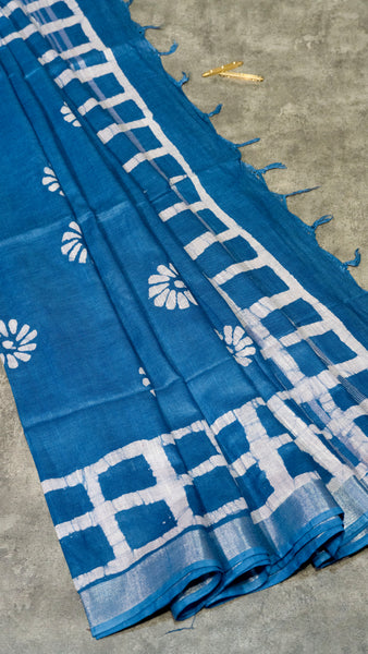 Linen Cotton Batik Print Blue With Zari Border