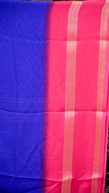 Shiffon Saree Arrow Print With Gap Zari Border Purple To Red