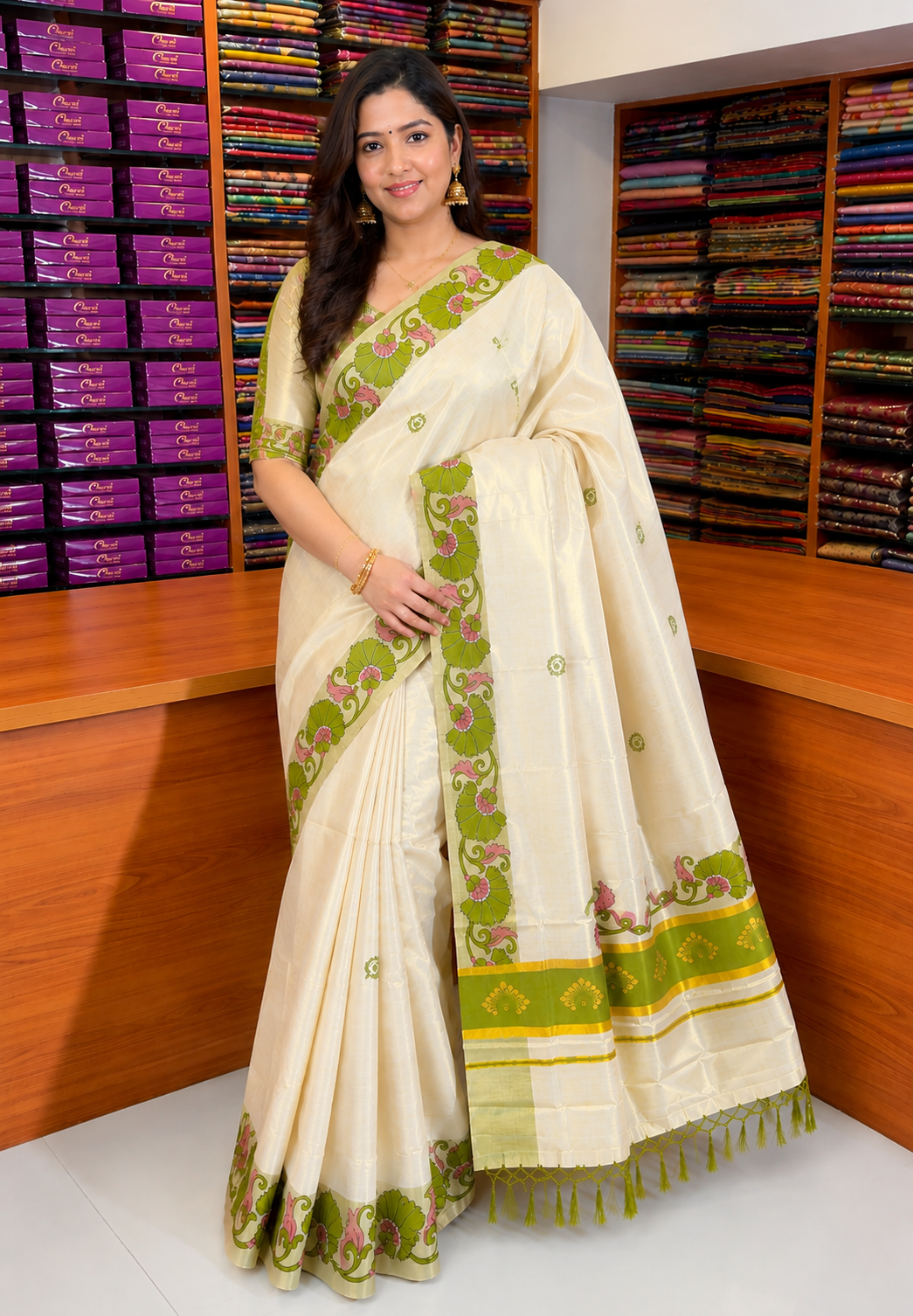 Tissue Silk Saree-Sandal with Kalamkari Border