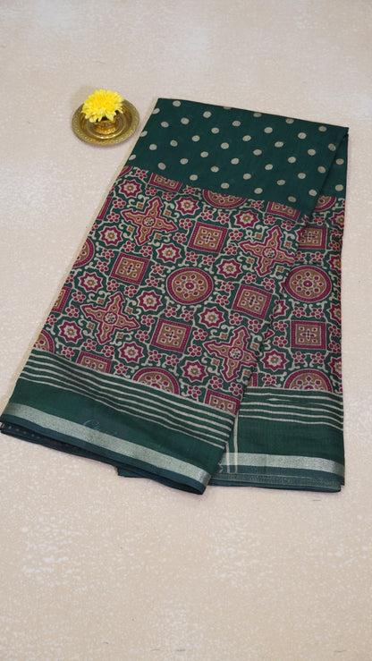 Malai Cotton Saree Ajrakh Border - Bottle Green