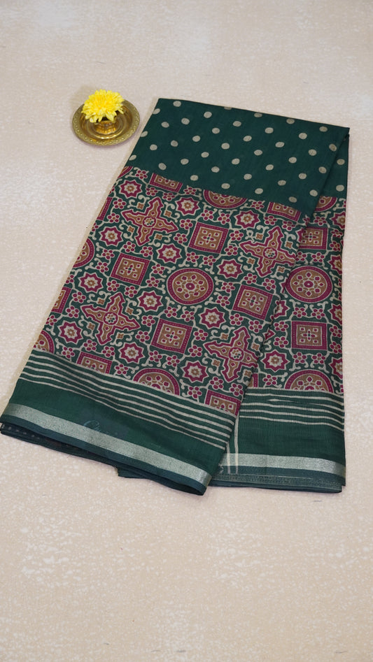 Malai Cotton Saree Ajrakh Border - Bottle Green