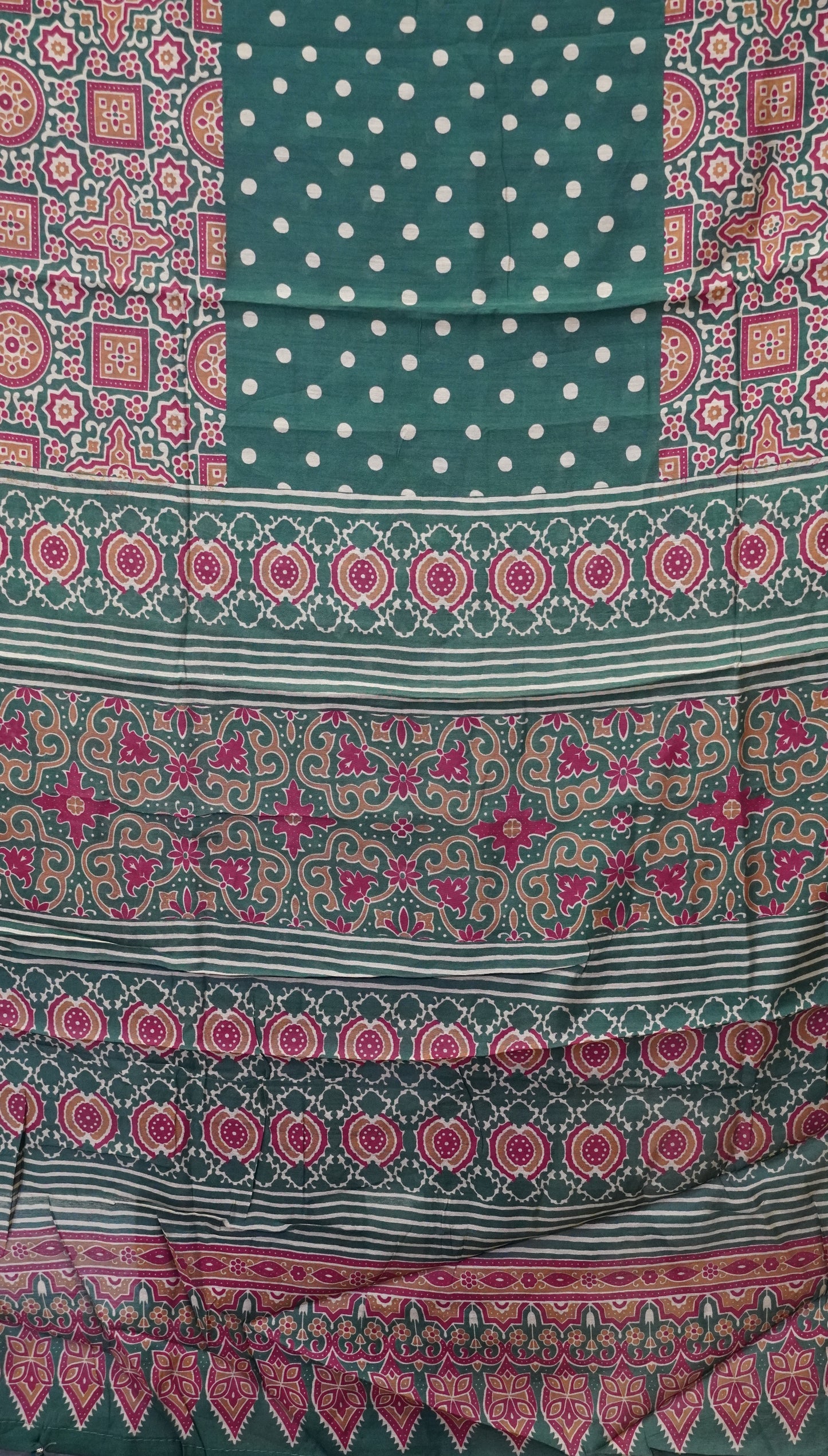 Malai Cotton Saree Ajrakh Border - Bottle Green