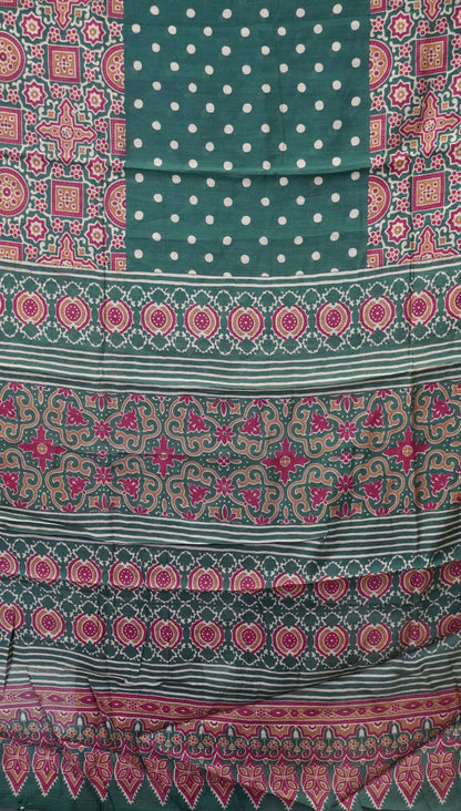 Malai Cotton Saree Ajrakh Border - Bottle Green